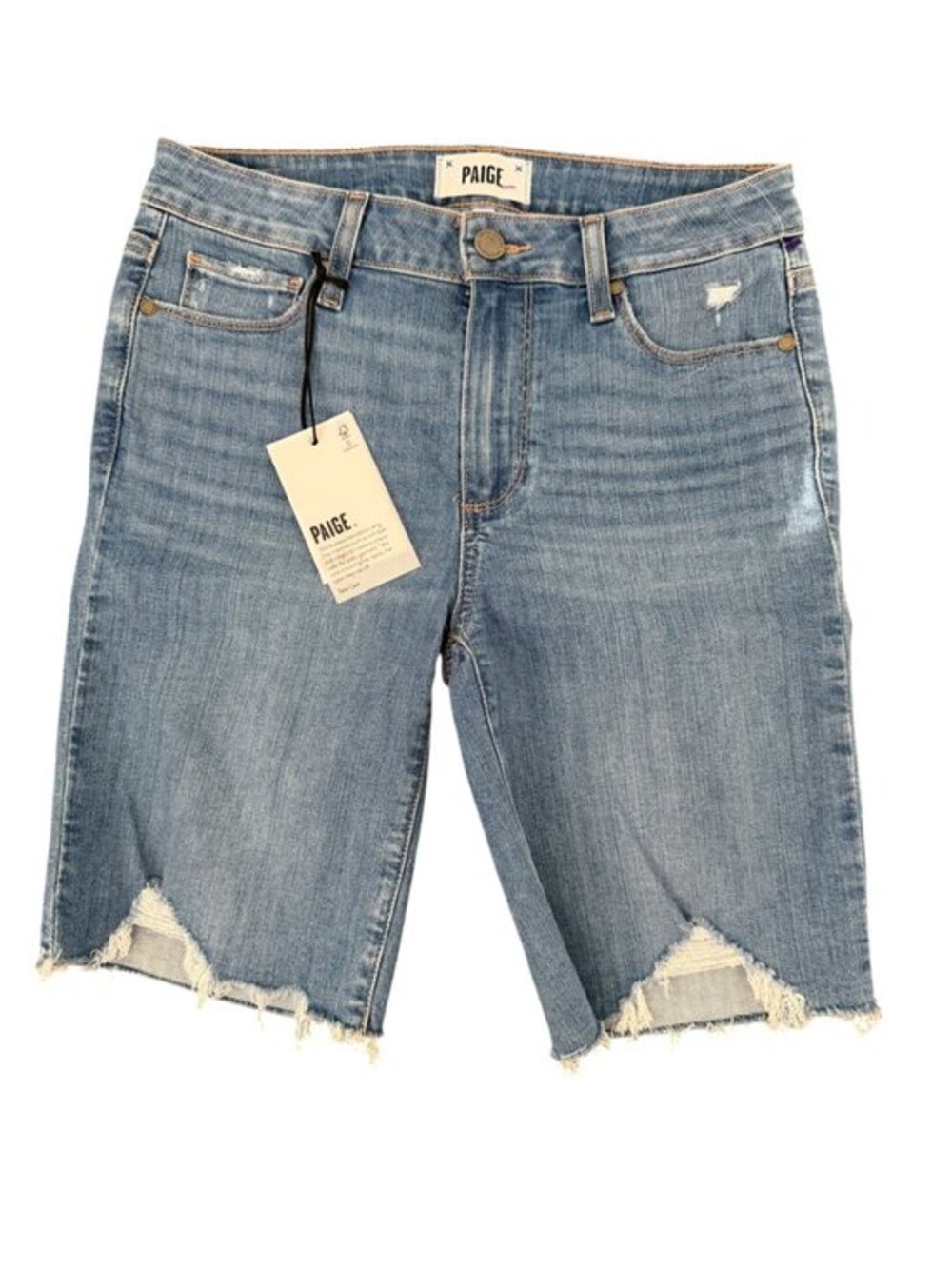 NWT PAIGE Jax Knee Distressed Bermuda Denim Cutoff Shorts – MSRP  $169- Stretchy